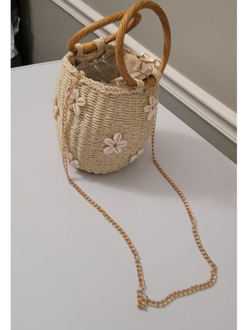 BRUN Pearl Women's Straw Bucket Bag Shell Gold Tone Chain Strap Handbag Purse. - Picture 6 of 8